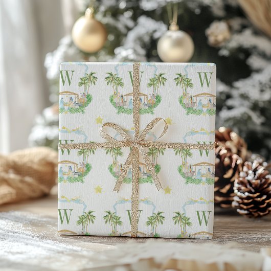 Watercolor Geboorte Monogram Crest Kerstmis Cadeaupapier