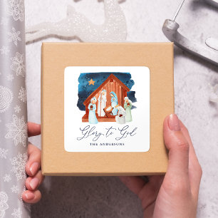 Watercolor Geboorte Scene Eer aan God Vierkante Sticker