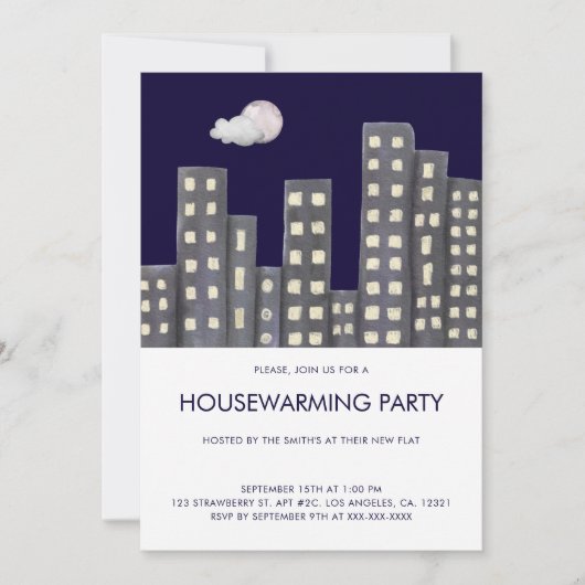 Watercolor Gebouwen Housewarming Party Kaart (Voorkant)