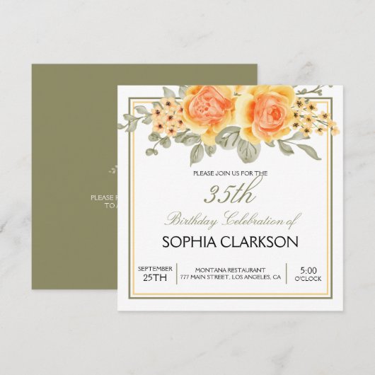 Watercolor Gele Rozen Verjaardag Kaart (Voorkant / Achterkant)