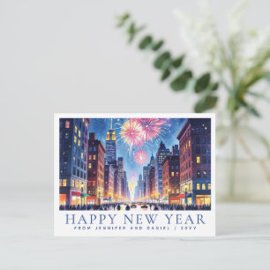 Watercolor Gelukkig Nieuwjaar New York City Vuurwe Briefkaart