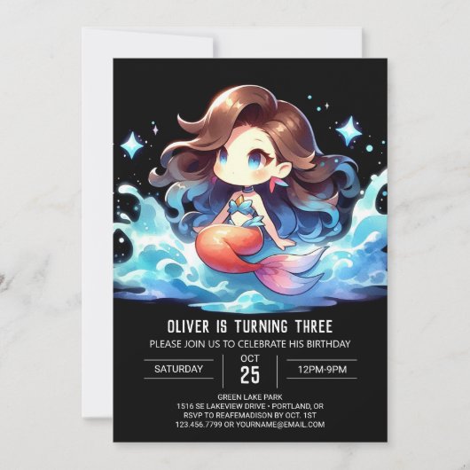 Watercolor Gelukkige Zeemeermin Verjaardag Kaart (Voorkant)