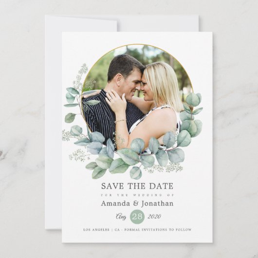 Watercolor Geometrische Eucalyptus Bruiloft Save The Date (Voorkant)