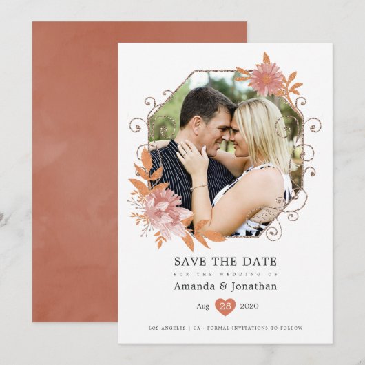 Watercolor Geometrische Terracotta Bruiloft Save The Date (Voorkant / Achterkant)