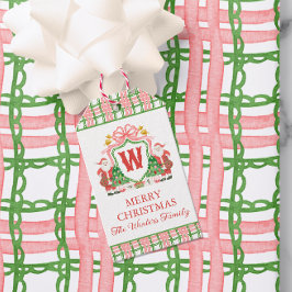 Watercolor geruite kerstmannen monogram wapenschil cadeaulabel