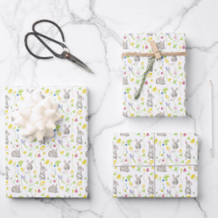 Watercolor geschilderde Paashaas Konijnen Bloemen Inpakpapier Vel