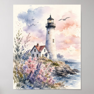 Watercolor geschilderde vuurtoren poster
