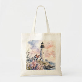 Watercolor geschilderde vuurtoren tote bag