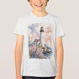 Watercolor geschilderde vuurtoren Tri-Blend shirt