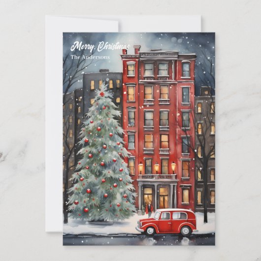 Watercolor gezellige kerstelijke kerststad boom feestdagenkaart (Voorkant)