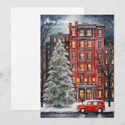 Watercolor gezellige kerstelijke kerststad boom feestdagenkaart (Voorkant / Achterkant)