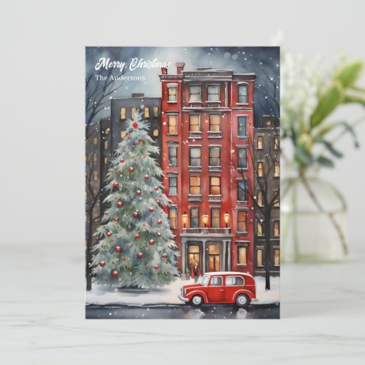 Watercolor gezellige kerstelijke kerststad boom feestdagenkaart (Staand voorkant)