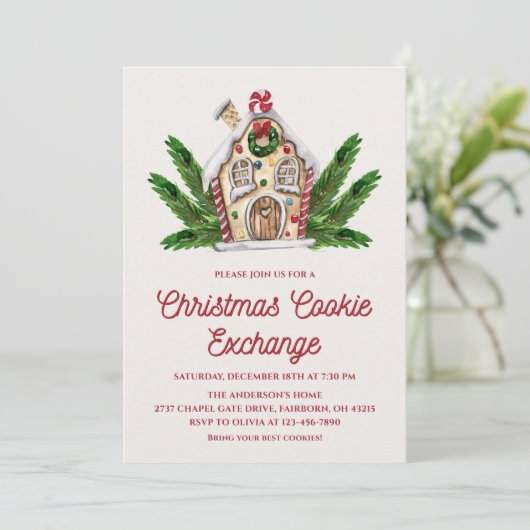 Watercolor Gingerbread House Cookie Exchange Party Kaart (Staand voorkant)