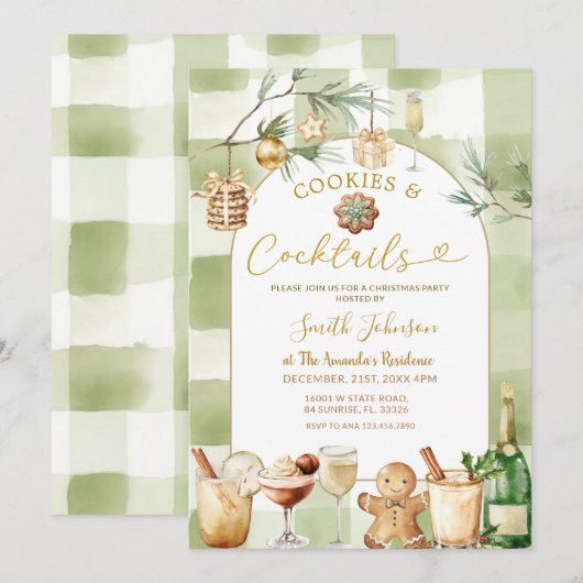 Watercolor Gingham Cocktail and Cookies Winter Kaart (Voorkant / Achterkant)