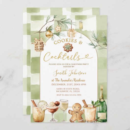 Watercolor Gingham Cocktail en Koekjes Winter Kaart (Voorkant / Achterkant)