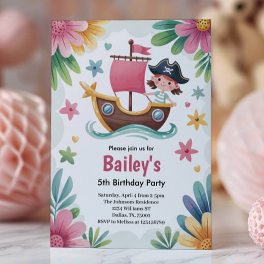 Watercolor Girls Pirate Birthday Party Kaart