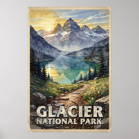 Watercolor Glacier National Park Retro Poster (Voorkant)