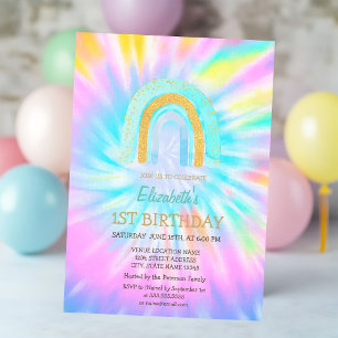 Watercolor Glitter Regenboog Tie Dye Verjaardag Kaart