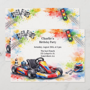 Watercolor Go Kart Jongen Verjaardagsfeestje Kaart