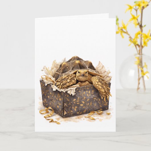 Watercolor Gold and Brown Birthday Gift Turtle Kaart (Gele Bloem)