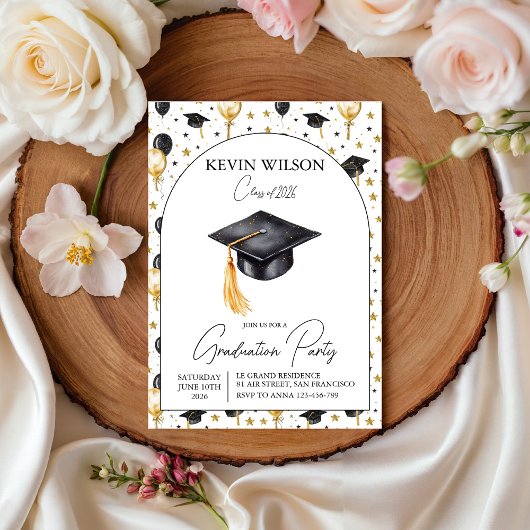 Watercolor Gold Balloon Graduation Invite Kaart
