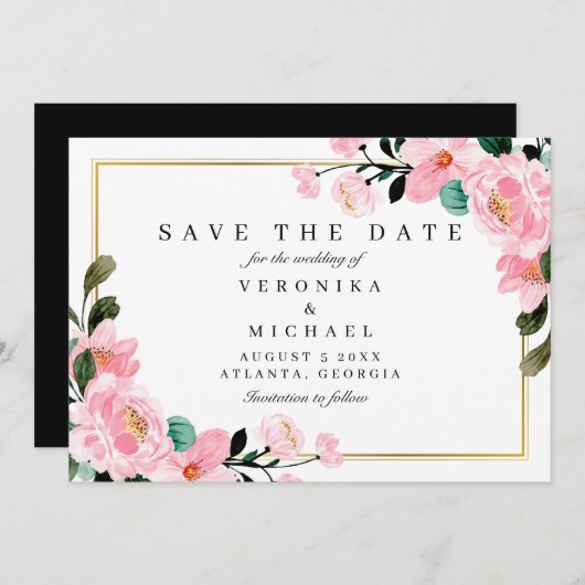 Watercolor Gold Botanical Elegant Wedding Save The Date (Voorkant / Achterkant)
