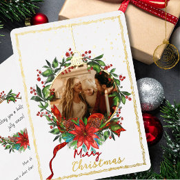 Watercolor Gold Foil Holly Wreath Photo Card Folie Feestdagenkaart