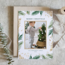 Watercolor Gold Foil Pine Needles Photo Christmas Feestdagen Kaart