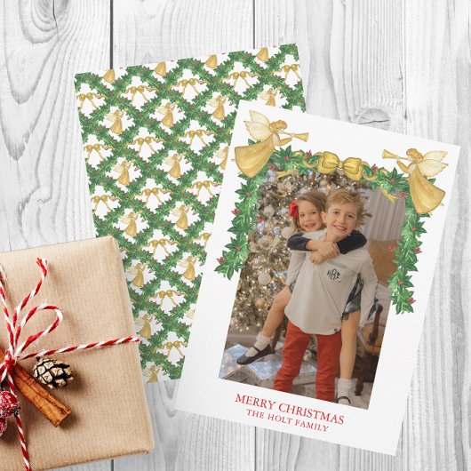 Watercolor Golden Angel Garland Christmas Feestdagenkaart