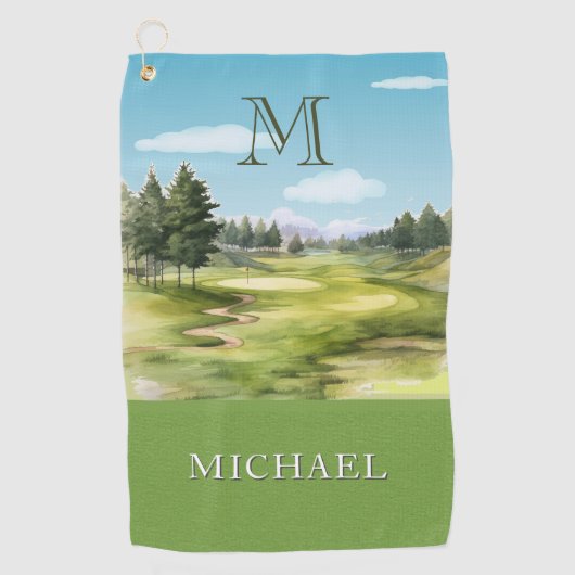 Watercolor Golf Course Monogram Name Golfhanddoek (Voorkant)