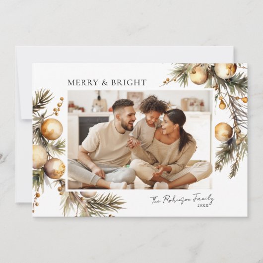 Watercolor Goud blad Foto Kerstmis Feestdagenkaart (Voorkant)