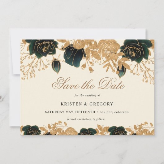 Watercolor Gouden En Groene Rozen Save The Date Kaart (Voorkant)