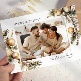 Watercolor Gouden Loof Foto Kerstmis Feestdagenkaart
