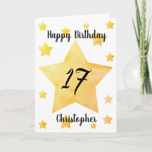 Watercolor Gouden Sterren 17e Verjaardag Kaart