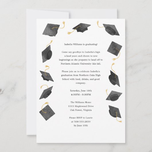 Watercolor Graduation Caps Grad Party Invitation Aankondiging (Voorkant)