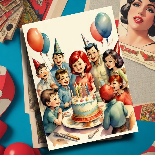 Watercolor Grappige Strip Verjaardagsscène Kaart