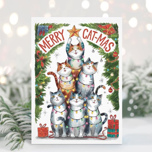 Watercolor Grappige Vrolijke KattenKerstmis Kerstk Feestdagenkaart