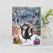 Watercolor Grappige Zwarte Kat Kerstkaart (Staand voorkant)