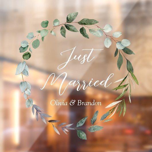 Watercolor Green Eucalyptus Leaves Just Married Raamsticker (Vel 2)