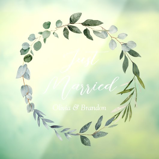 Watercolor Green Eucalyptus Leaves Just Married Raamsticker (Vel 3)