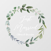 Watercolor Green Eucalyptus Leaves Just Married Raamsticker (Vel)