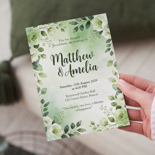 Watercolor Green Floral Wedding Invitation Kaart