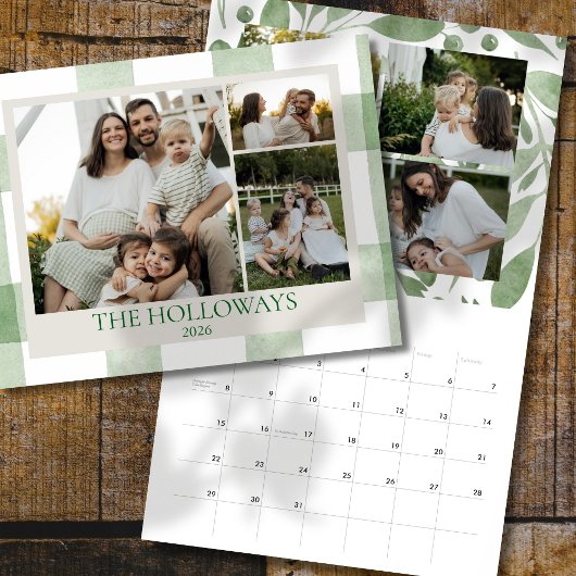 Watercolor Green Gingham Family Photo Calendar Kalender