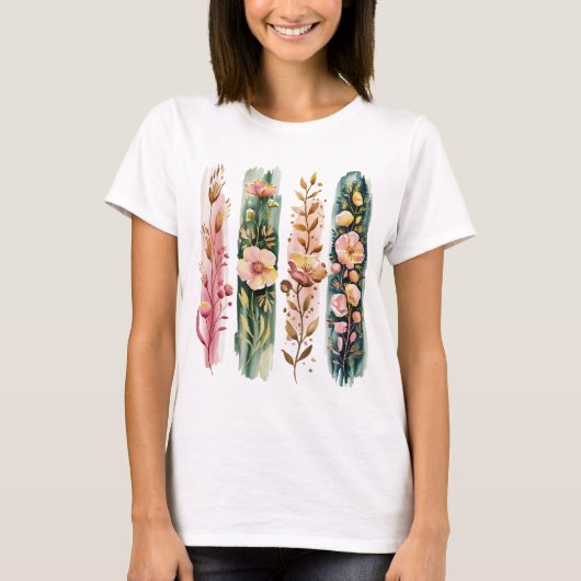 WATERCOLOR GREEN & PINK WILDFLOWER BRUSHSTROKES T-SHIRT (Voorkant)