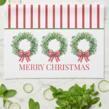 Watercolor Green Wreath With Red Gingham Bow