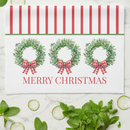 Watercolor Green Wreath With Red Gingham Bow Theedoek (Gevouwen)