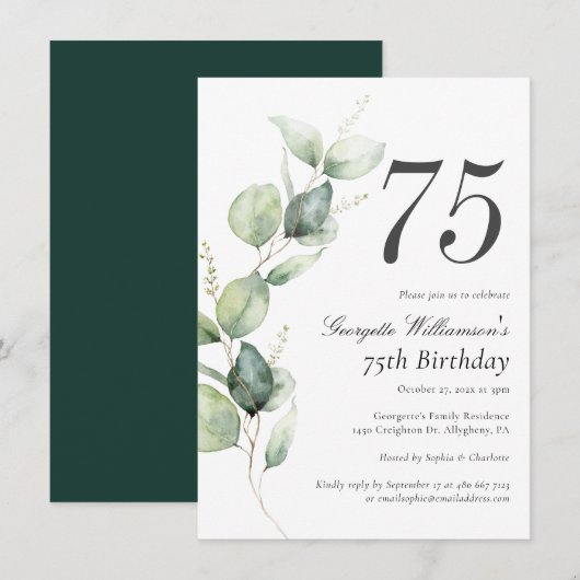 Watercolor Greenery 75th Birthday Script Kaart (Voorkant / Achterkant)
