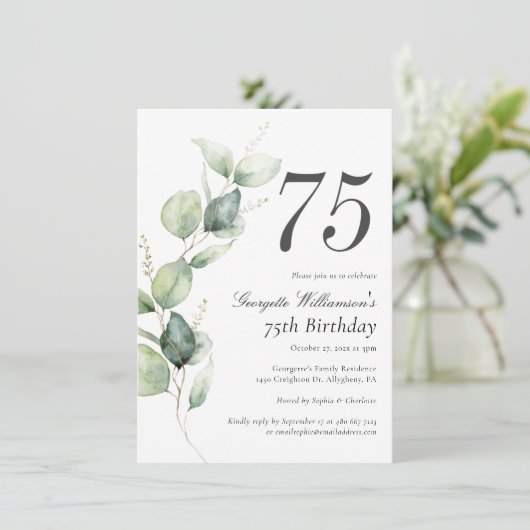 Watercolor Greenery 75th Birthday Script Kaart (Staand voorkant)