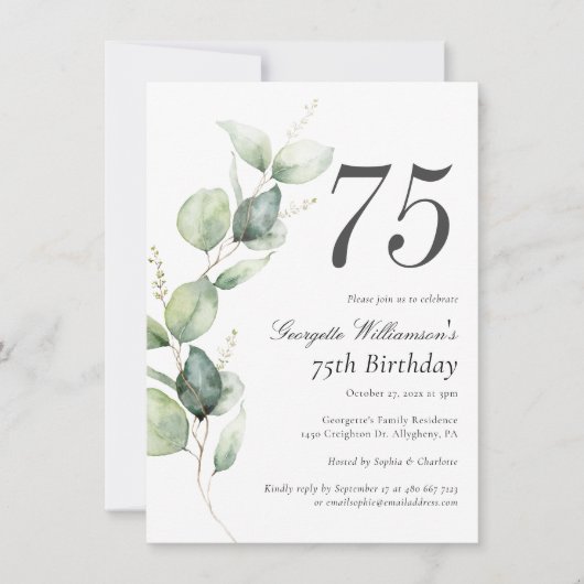 Watercolor Greenery 75th Birthday Script Kaart (Voorkant)