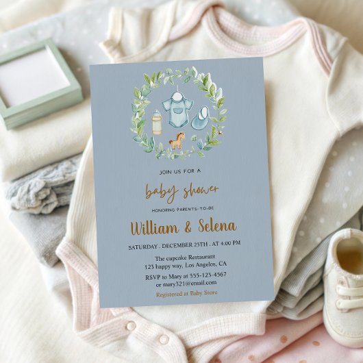 Watercolor Greenery Baby Boy Shower Invitation Kaart